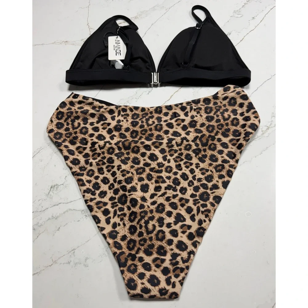 AIMAGE Womens‎ Leopard Print High Waisted Bikini Set Brown Black Size M NWT